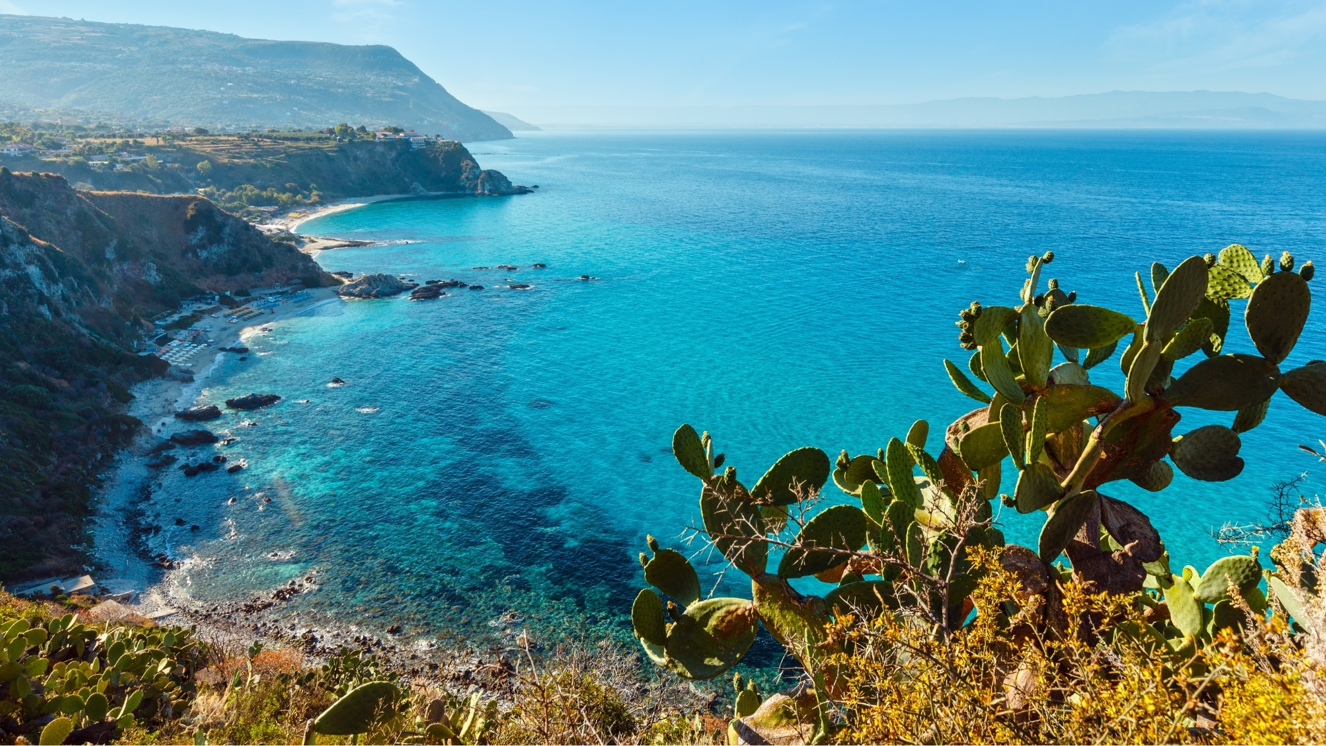The image depicts a stunning coastal landscape of the Calabrian Tyrrhenian Sea, featuring clear turquoise waters, rocky shorelines, and lush greenery, including cacti in the foreground. The scene captures the natural beauty of the coastline with hills in the background and a serene atmosphere.