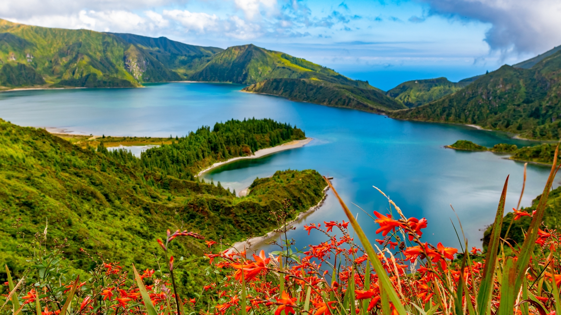 The image depicts Lagoa do Fogo, a stunning lake located on São Miguel Island in the Azores. Surrounded by lush green hills and mountains, the lake features vibrant blue waters and is framed by colorful flowers in the foreground, creating a picturesque natural landscape.