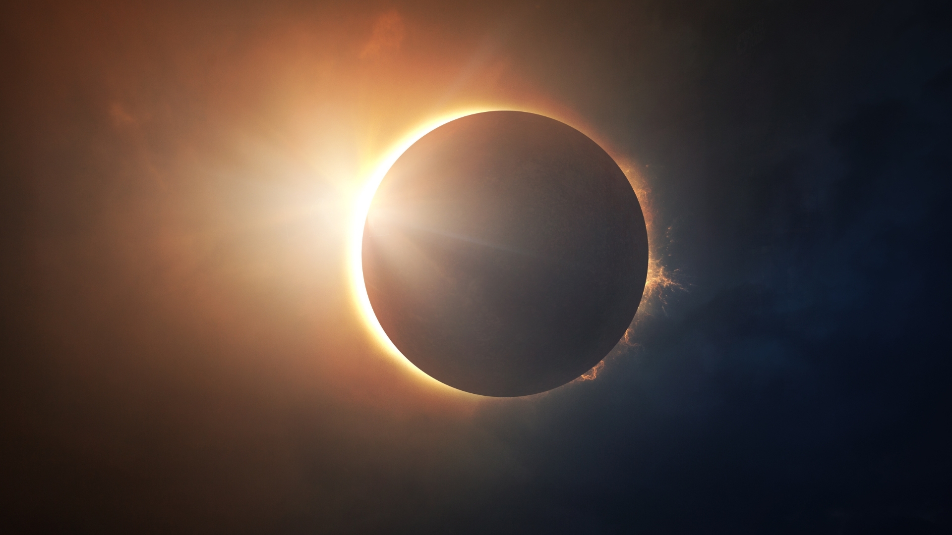 The image depicts a solar eclipse, where the moon partially covers the sun, creating a stunning visual effect with bright rays of sunlight peeking around the edges of the moon.